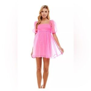 TCEC Organza Baby Doll Dress Hot Pink Puff Sleeve LARGE